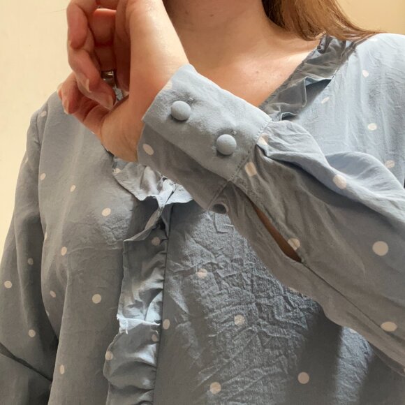 Sézane Light Blue Silk Ruffle Blouse w/ White Polka Dots | Size 40 (US 8/M) - Picture 4 of 7